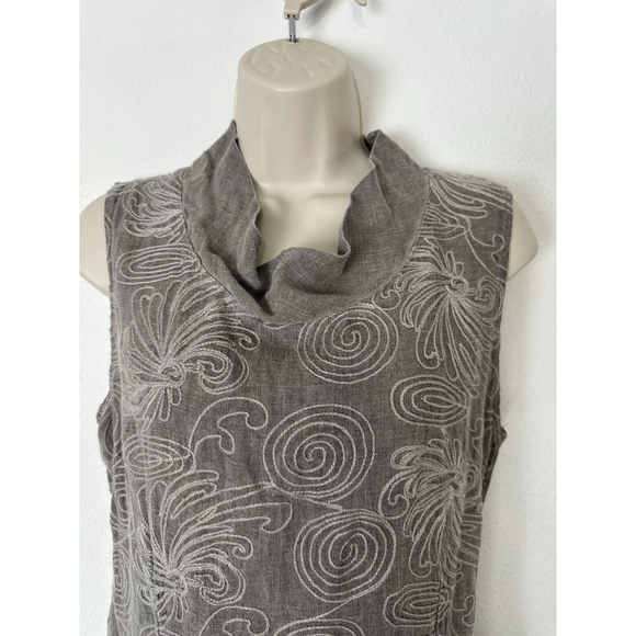 Lina Tomei 100% linen embroidered dress Large Gray Italy Cowl Neck Beach Pockets - Picture 7 of 11